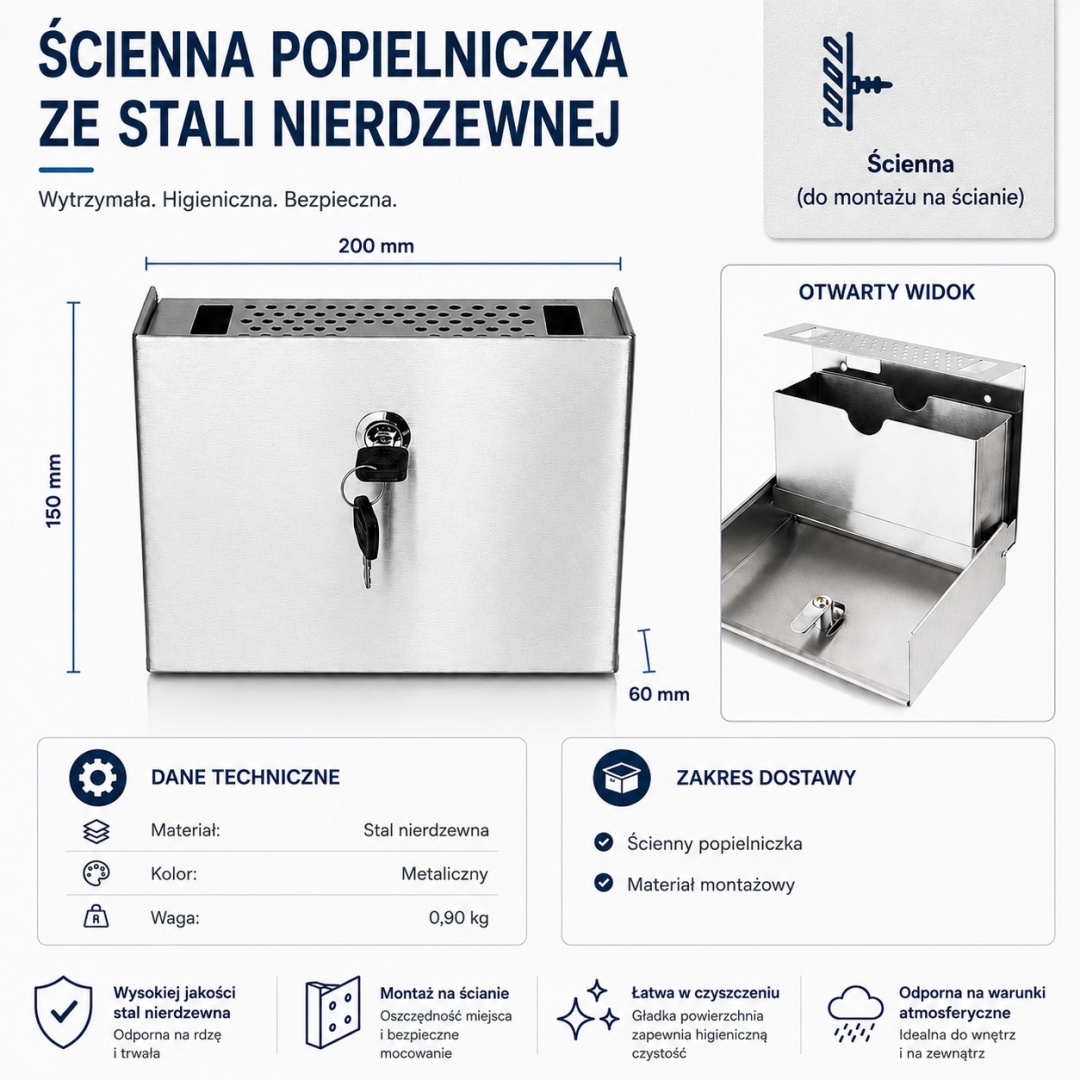 Nástěnný popelník Popelník z nerezové oceli inox na klíč BITUXX 20cm MS13197